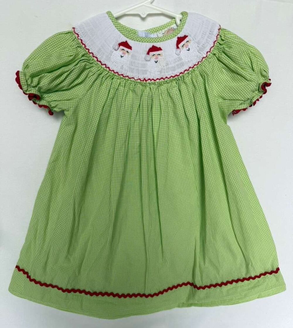 Smocked Polkadot Baby Girl Dress 24M Christmas Santa Green Gingham Cotton